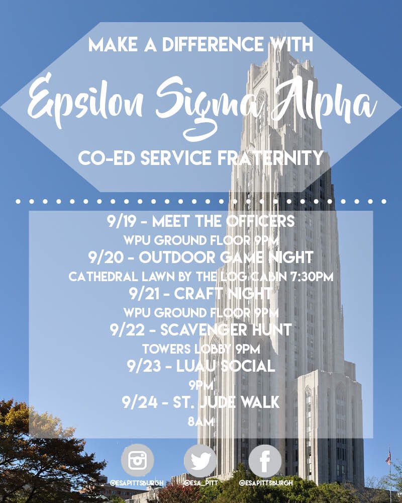 ESA_Pitt's tweet image. Join ESA and Make a Difference! Meet the Officers in the WPU on September 19th and see what ESA is all about!