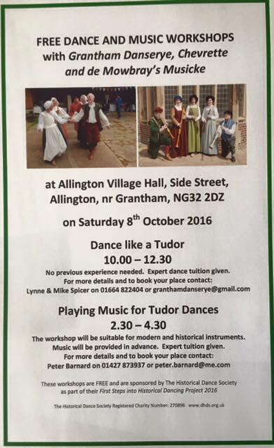 FREE workshops coming up  #LincsHour. 8th Oct, Allington NG32 2DZ. 2 Playing Music for Tudor Dances <a href="/DeMowbrays/">De Mowbray's Musicke</a>