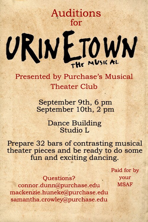 PurchaseMTC's tweet image. Come and audition for Urinetown this weekend!