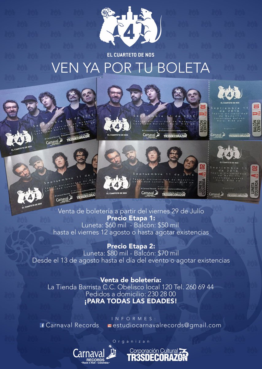 #EsteDomingo: El Cuarteto de Nos en Concierto
Regresan desde Uruguay 🇺🇾
8 pm
#InfoBoletería: goo.gl/mmsmLL