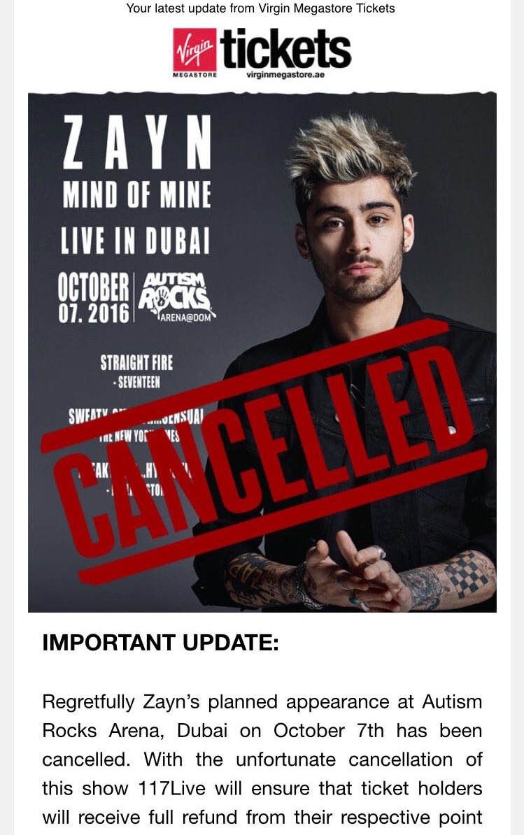 ZaynReport's tweet photo. #Update | Zayn's concert in Dubai next month has been cancelled. (via @zraffiti) https://t.co/ZL2giTsF77