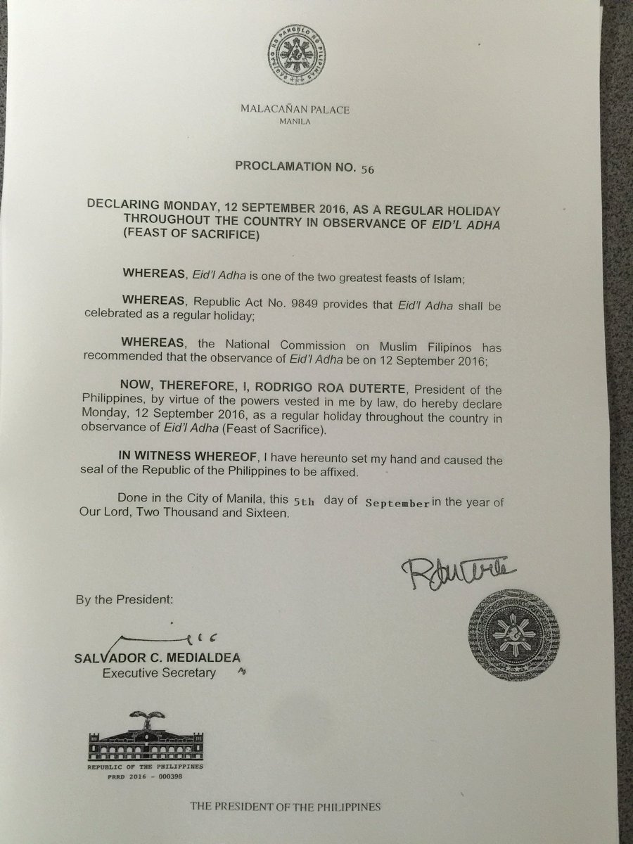 ABSCBNNews's tweet photo. JUST IN: Palace declares Sept. 12, a regular holiday in celebration of Eid'l Adha. | via @dzmmRP45  #WalangPasok https://t.co/aHkBZFrFnu
