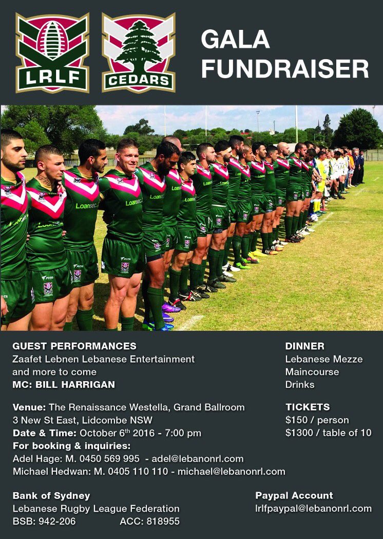 LEBANON RUGBY LEAGUE GALA NIGHT - Tables selling fast. Thursday October 6th <a href="/robbiefarah/">robbie farah</a> <a href="/tim_mannah/">Tim Mannah</a> <a href="/mitchmoses6/">Mitchell Moses</a>