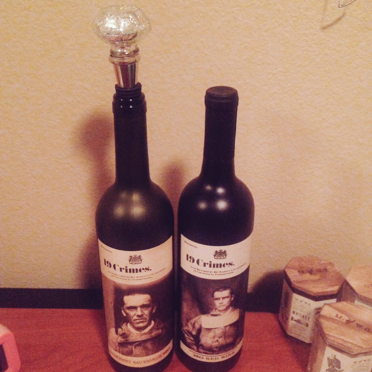 meesh_first's tweet photo. @em_dunc I bought both @19Crimes because I couldn't decide. Also check the new bottle stopper ✨ #glam https://t.co/mfExuUNIEF