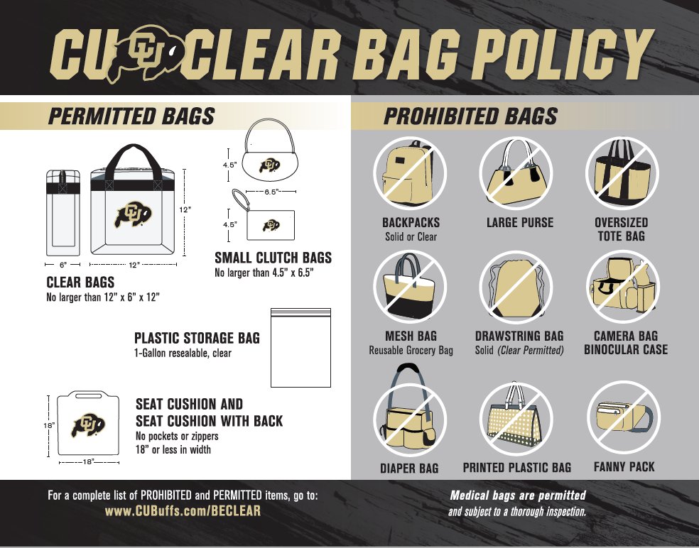 CUBuffsAthOps's tweet photo. #BeClear on game day! Backpacks, purses &amp; diaper bags are not permitted inside @Folsom_Field &amp; @CoorsEC #GoBuffs https://t.co/xtG8Bibvyr