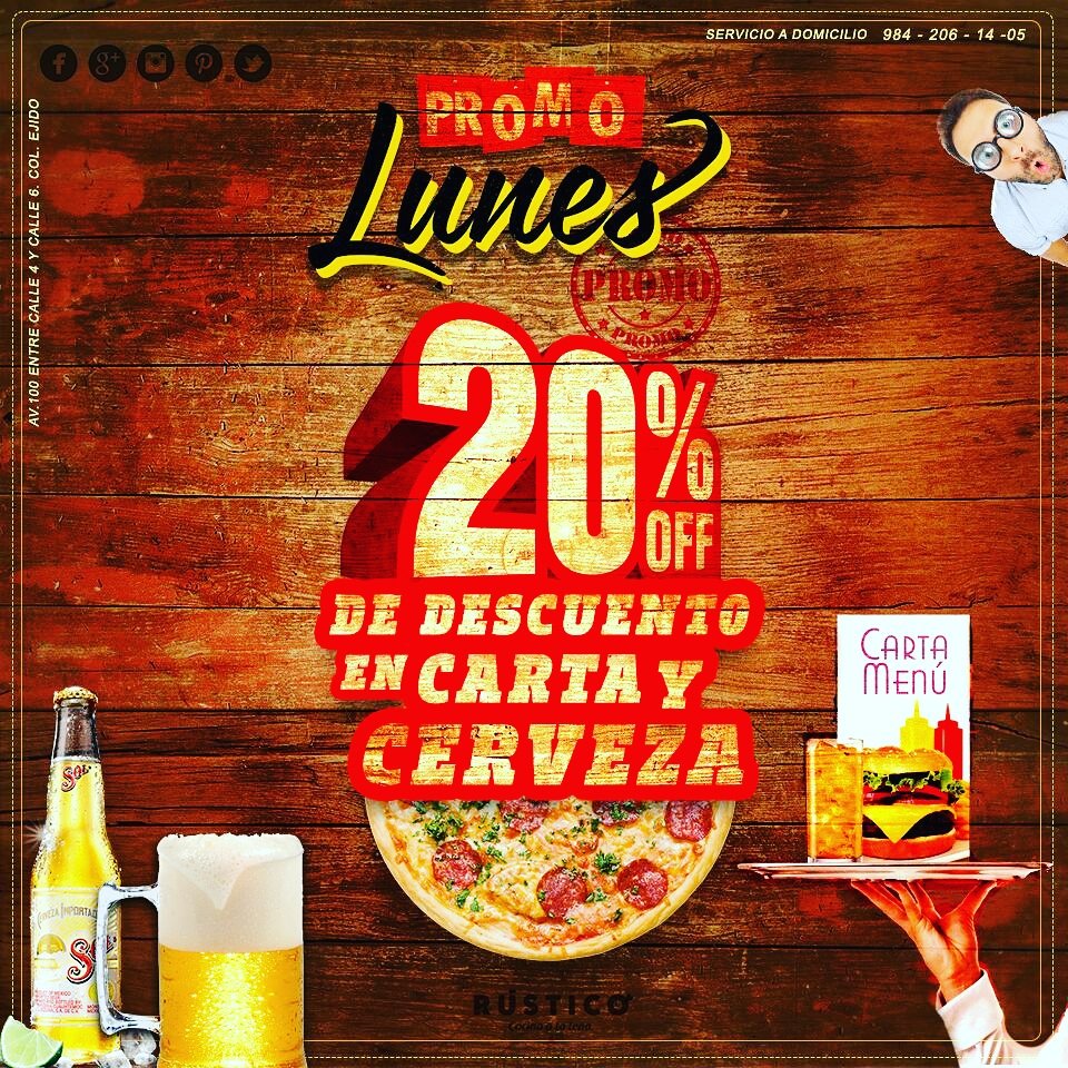 ComeRustico's tweet image. Te estamos esperando.
Hoy lunes 20% DE DESCUENTO EN CARTA Y CERVEZA!
Pide a domicilio al 984-206-1405 o visitanos