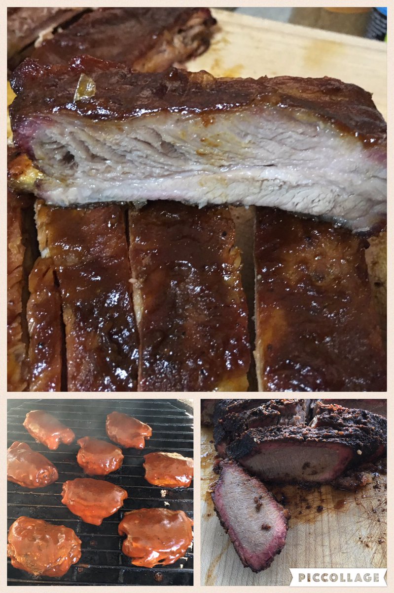 GoodysBBQ's tweet photo. The weekend trifecta! Ribs chicken and brisket on @BigGreenEgg w/ @dizzypigbbq #CollegeFootball #LaborDay2016 #Boom https://t.co/PtMzNePIoL