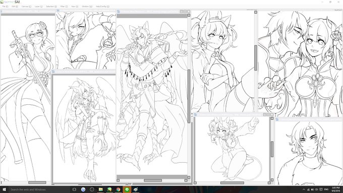 my glorious wall of commission WIPs--IT'S NOT EVEN ALL OF IT CAN'T FIT IT ALL RIP ME 