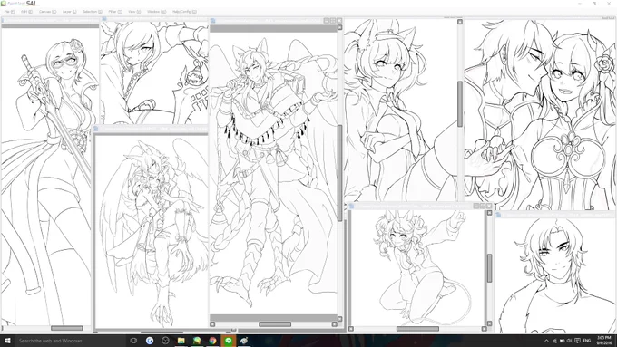 my glorious wall of commission WIPs--IT'S NOT EVEN ALL OF IT CAN'T FIT IT ALL RIP ME 