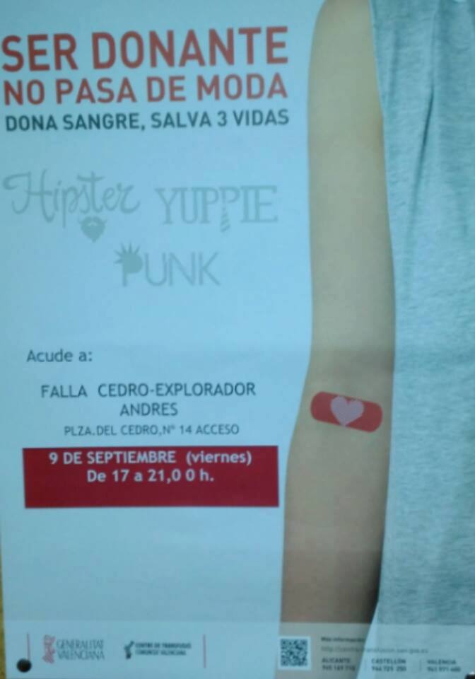 JCF_Valencia's tweet image. El divendres dia 9 dóna sang al casal de @FallaCedro!
Ser donant no pasa de moda! #SolidaritatFallera