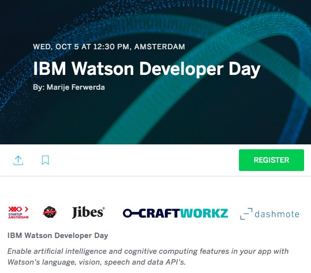 stefantan's tweet photo. Join the @IBMWatson Developer Day and listen how @mschreder uses A.I. at @Dashmote during @Amsterdameweek @MarijeF https://t.co/LsB8UIE6HR