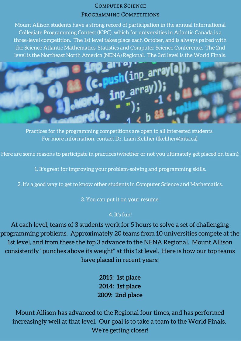 Mta_Math's tweet photo. Aiming for another 1st place finish! Join Mount A's Computer Science team at programming competitions #whycompsci https://t.co/SjzLz8nyC0