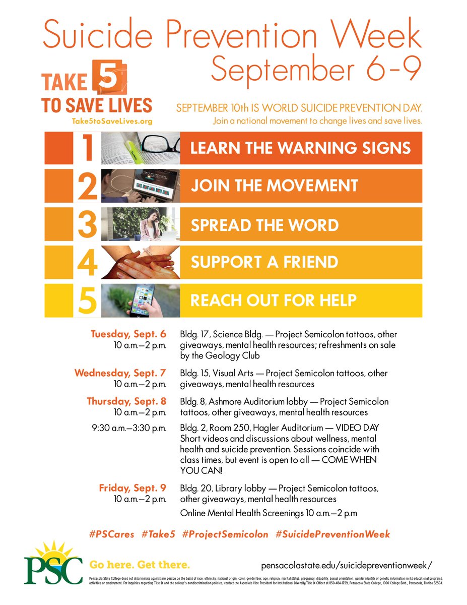 PensacolaState's tweet photo. Join us in raising awareness! #PSCares #Take5 #ProjectSemicolon #SuicidePreventionWeek https://t.co/ZjXgfIz5X2