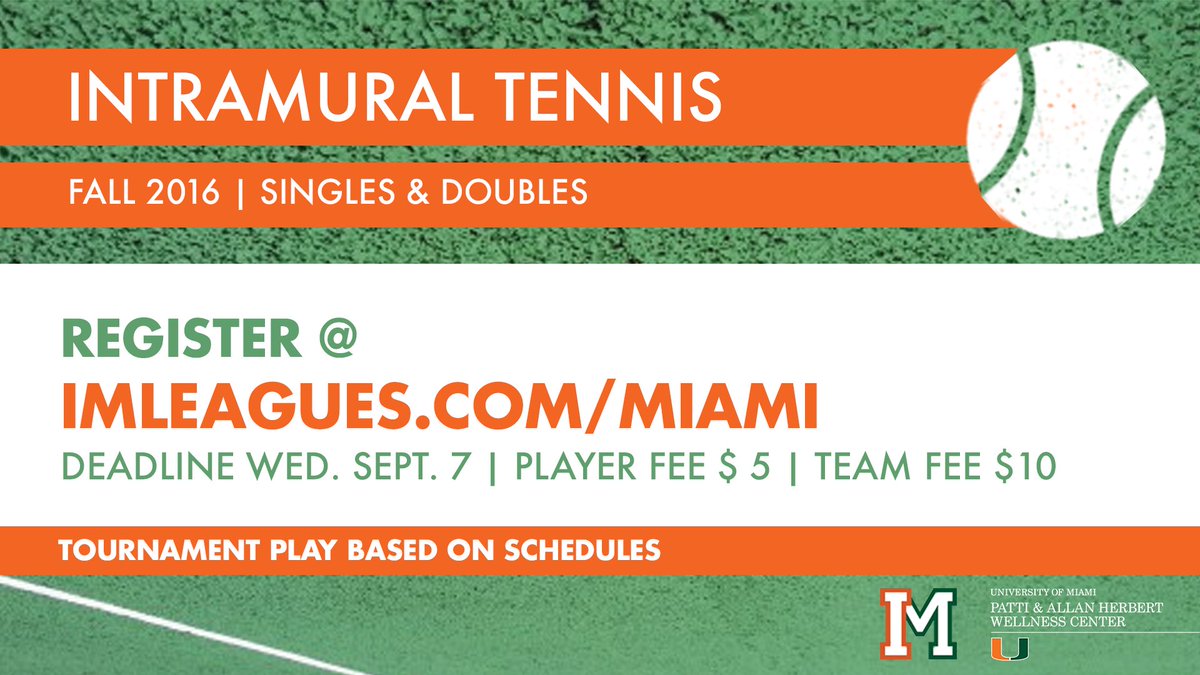 UMiamiWellness's tweet photo. Tomorrow is the deadline to register for @UMintramurals tennis tourn https://t.co/O9SYHTsylJ #UMIM #CanesStayFit https://t.co/8LXgNzvyyX