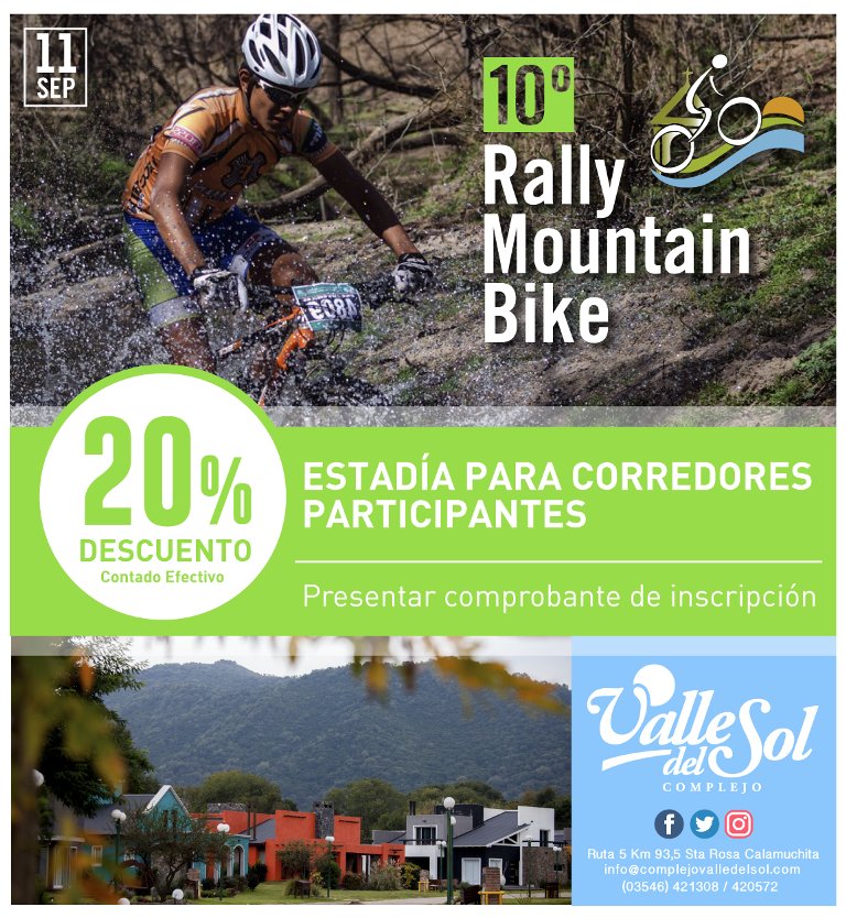ValledelSolSRC's tweet photo. Se viene el #10moRallyMTB en nuestra ciudad y en #ValleDelSol le ofrecemos a los corredores un 20% de descuento. https://t.co/jGWZUSSLbK