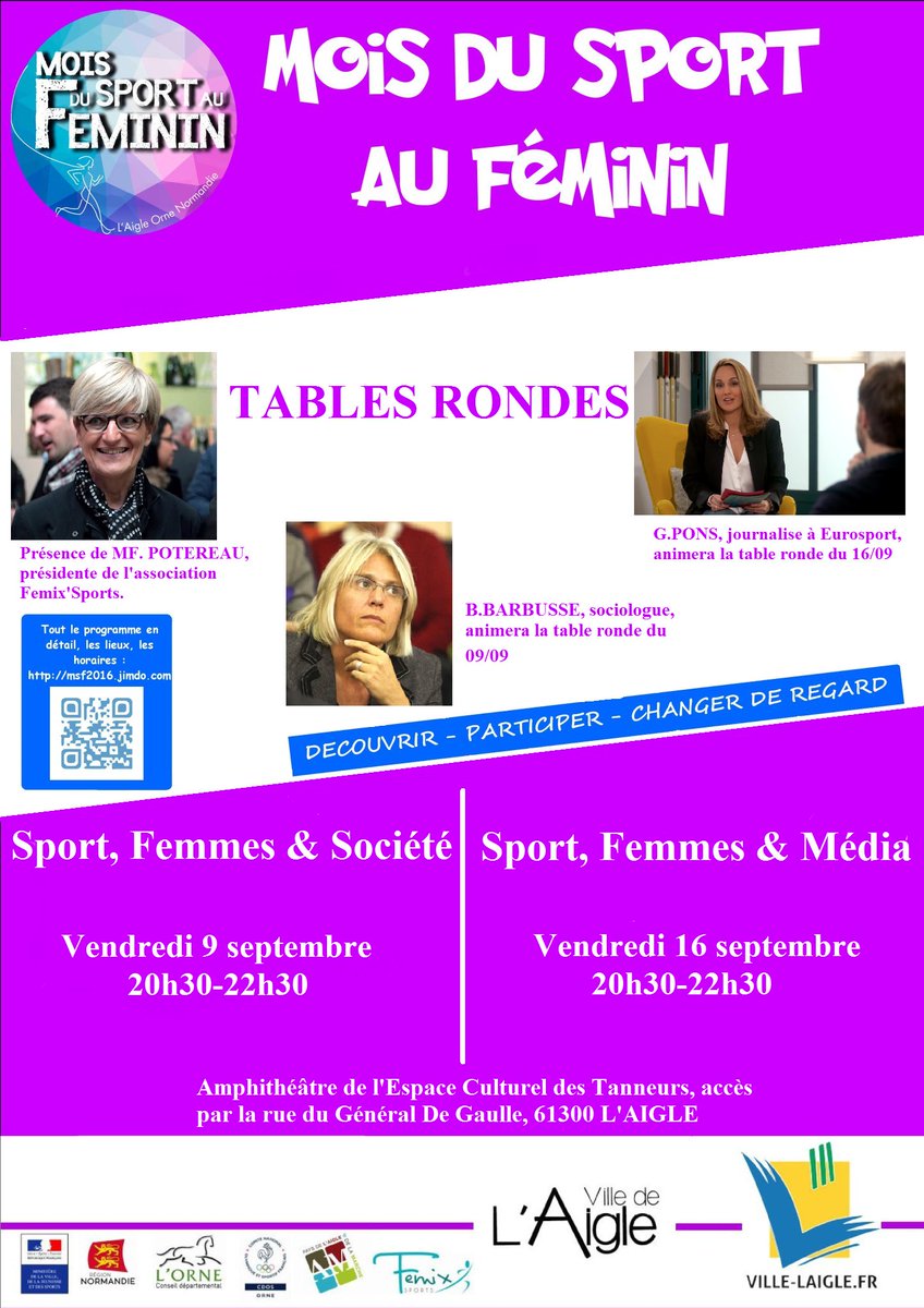 SAVE THE DATE : Mois du sport féminin : <a href="/FemixSports/">Femix’Sports</a> organise 2 tables rondes avec du beau monde <a href="/Msf2016laigle/">MSF2016</a>
