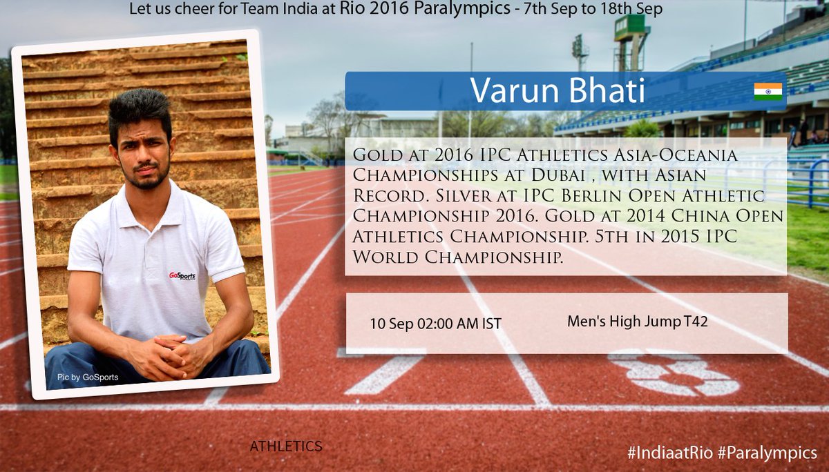 indiaatsports's tweet photo. #IndiaatRio : All the best to Varun Singh Bhati for Men's High Jump F42 at #Rio2016 #Paralympics https://t.co/4HOGCZFSCj
