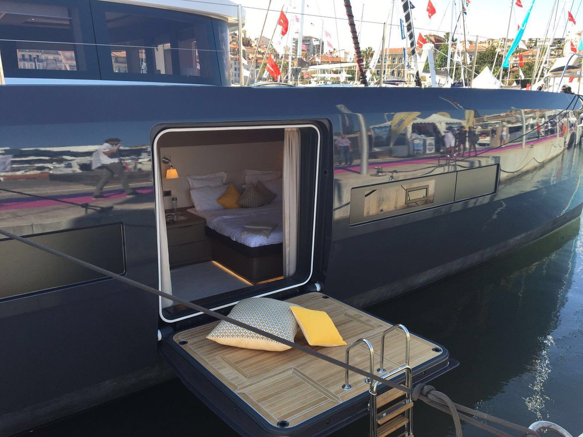 Brilliantly designed owner's suite balcony for the 1st hull in the Lagoon Seventy-7 series #CannesYachtingFestival