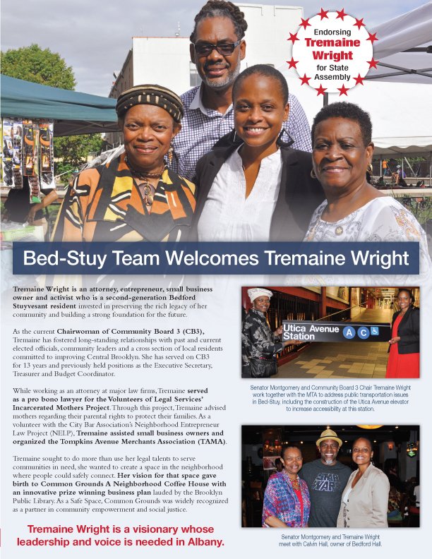 tremaine4ny's tweet photo. Thank you Sen Velmanette Montgomery for endorsing our candidate #WrightForAssembly #BedStuy #CrownHeights VOTE 9/13 https://t.co/W0POzTqyzw