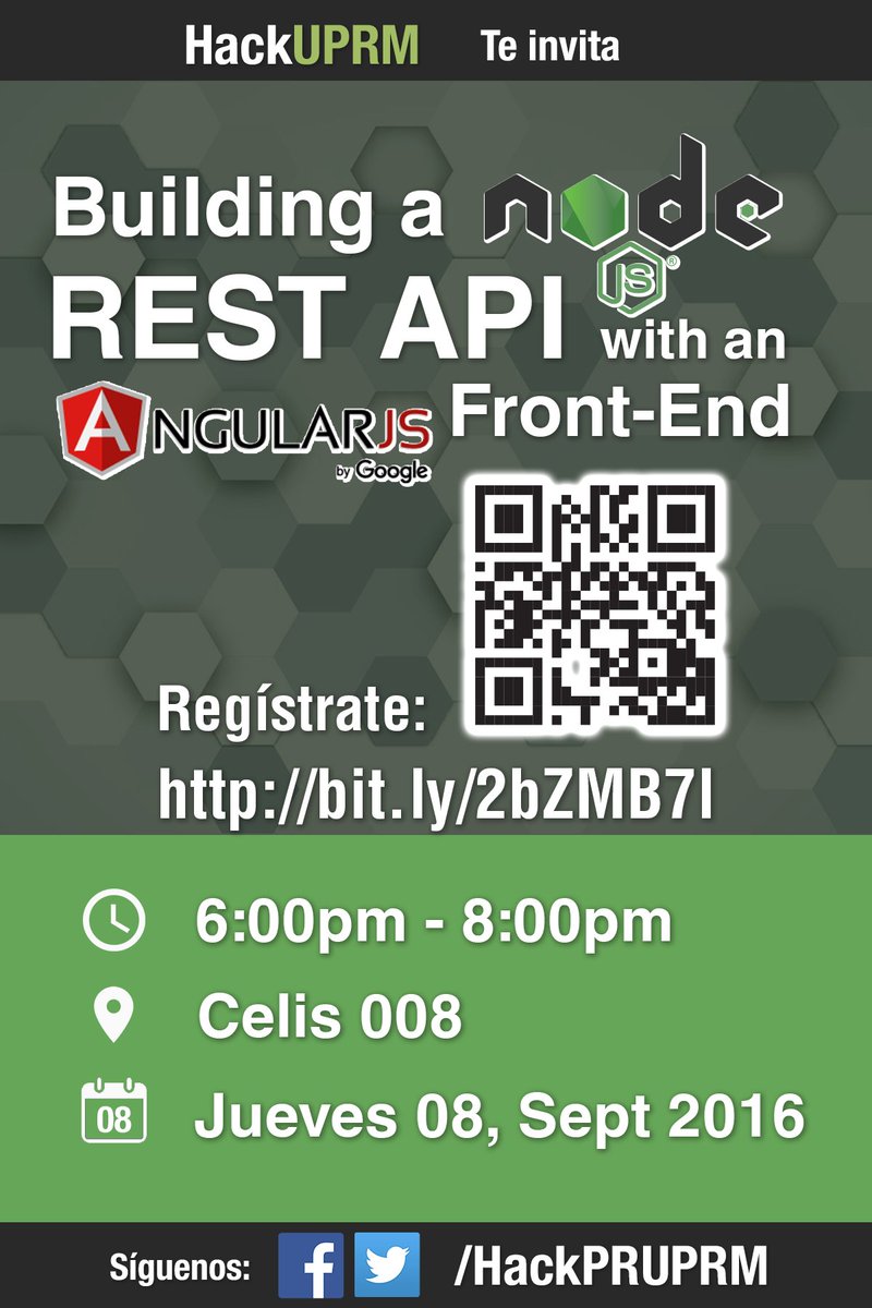 ¡Saludos Hackers! Regístrate entrando a bit.ly/2bZMB7l . #nodejs #angular #workshop