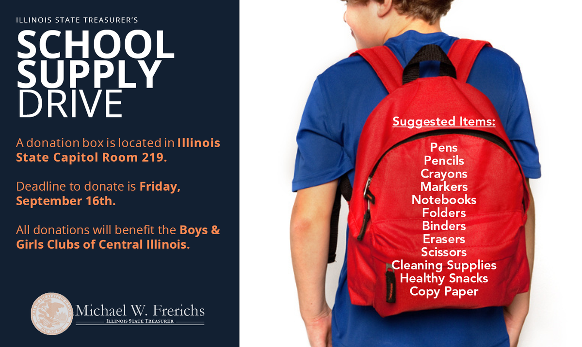 ILTreasurer's tweet photo. We're still accepting #SchoolSupply donations for @BGCCIL thru Fri Sept 16. Donation box in #ILStateCapitol Rm 219. https://t.co/t2XYV8h2uM