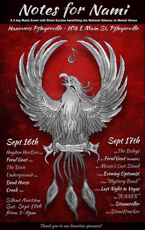 FeralGoatATX's tweet photo. Come out to @HanoversAustin sept 16th &amp; 17th for some great #music &amp; for a great cause. Benefit auction for #nami https://t.co/Tr0oN2hmgS