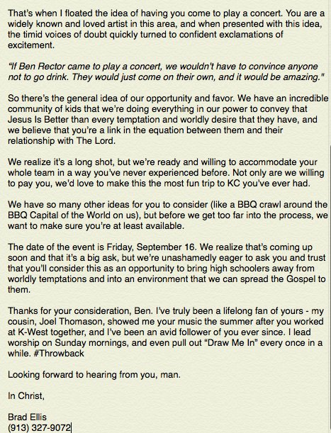 b_radellis's tweet photo. .@benrector An open letter to you regarding BBQ, your groovy tunes, and an opportunity to change the world #BenToKC https://t.co/ZN3MZMiB6L