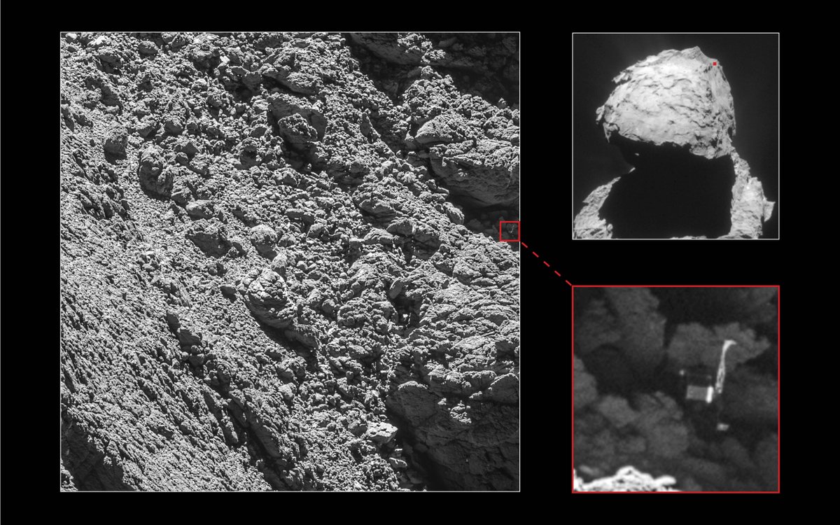 SETIInstitute's tweet photo. Philae found! - Rosetta’s hi-res camera has revealed Philae wedged into dark crack https://t.co/iMTcuRt1R4 https://t.co/2QqXJyoM9J