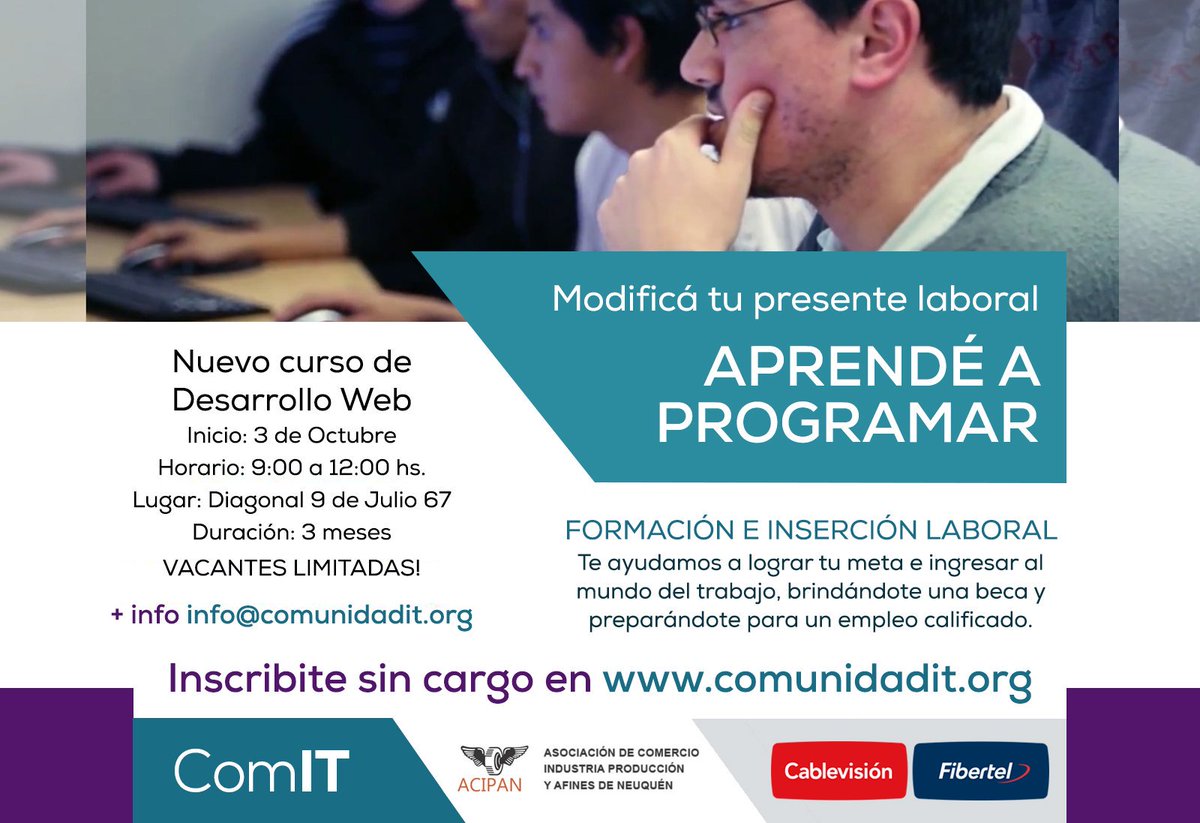 RubenCaramutti's tweet photo. Modifica tu presente laboral. Aprendé a programar @OKComIT  @plistingart @NEUQUENCOMAR  @PUNTOGAP_COM https://t.co/gKQE14fW8B