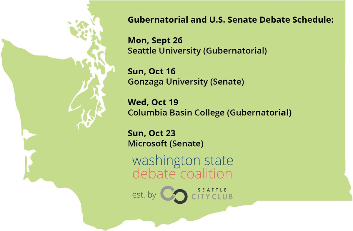 SeattleCityClub's tweet image. WA State Debate Coalition Gov, US Senate debate schedule is out. Submit your ? at tinyurl.com/wadebates #waelex