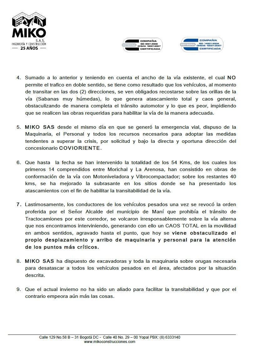 CCCASANARE's tweet image. Comunicado @MIKOSAS2 empresa responsable de ejecutar las obras de mantenimiento vía Yopal-Morichal-La Porfía – Maní.