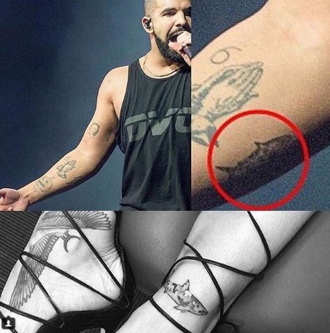 ChehadeTheKing's tweet photo. Wait, what? @Drake got the same Camouflage Shark tattoo that @Rihanna has....hmm....Hmmm....HMMMMMMM 🤔 https://t.co/4lVZ2gXBSx