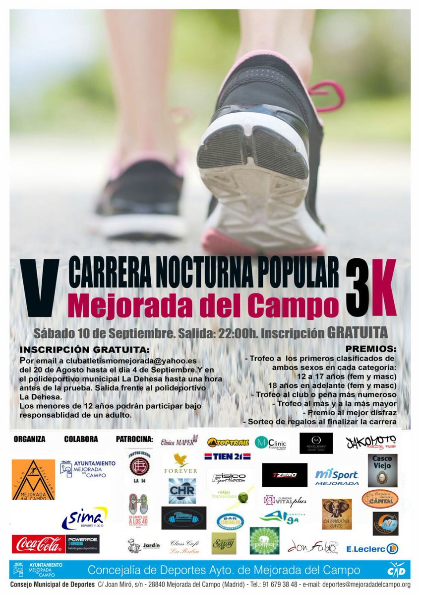CAMejorada's tweet photo. Este sábado a las 22:00. Carrera gratuita. Animaos! https://t.co/3wBYAOtcY2