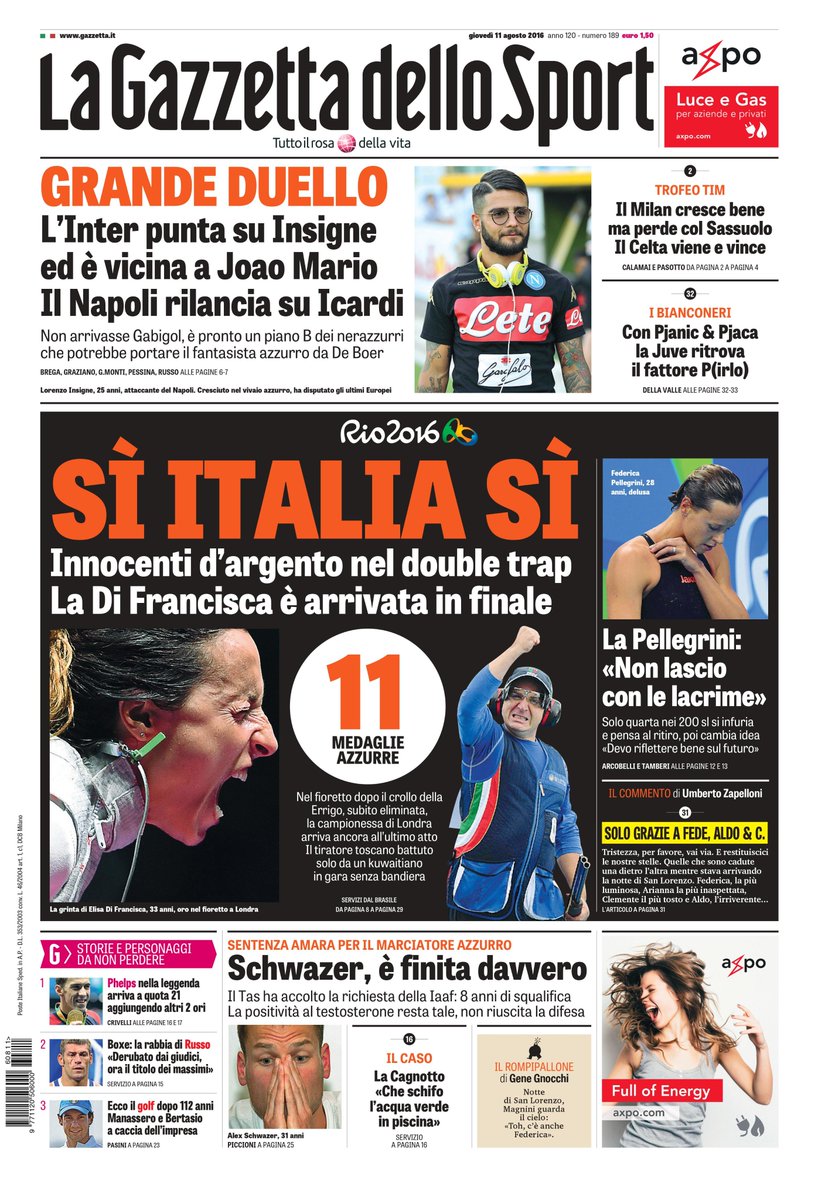 FiocchiGFL's tweet photo. #Rio2016. Le pagine della #LaGazzettadelloSport acclamano la vittoria di #MarcoInnocenti. https://t.co/Zhyy17qzCQ https://t.co/SySdyy9vUb