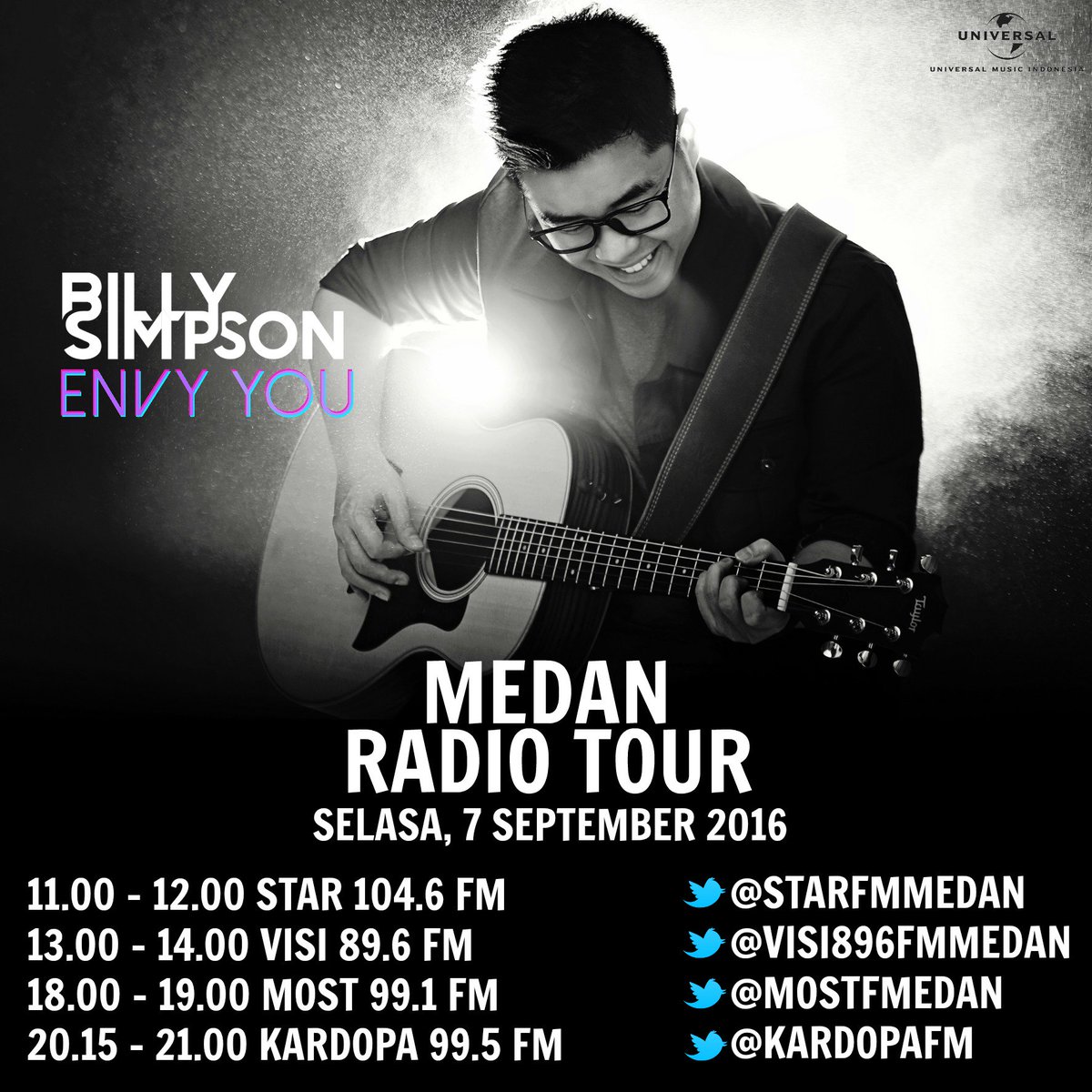 Hari ini <a href="/BillySimpson/">Billy Simpson</a> radio tour di Medan, yuk <a href="/BillyversOFCL/">Billyvers Official</a> jgn lupa dengar Billy yah seharian #EnvyYou