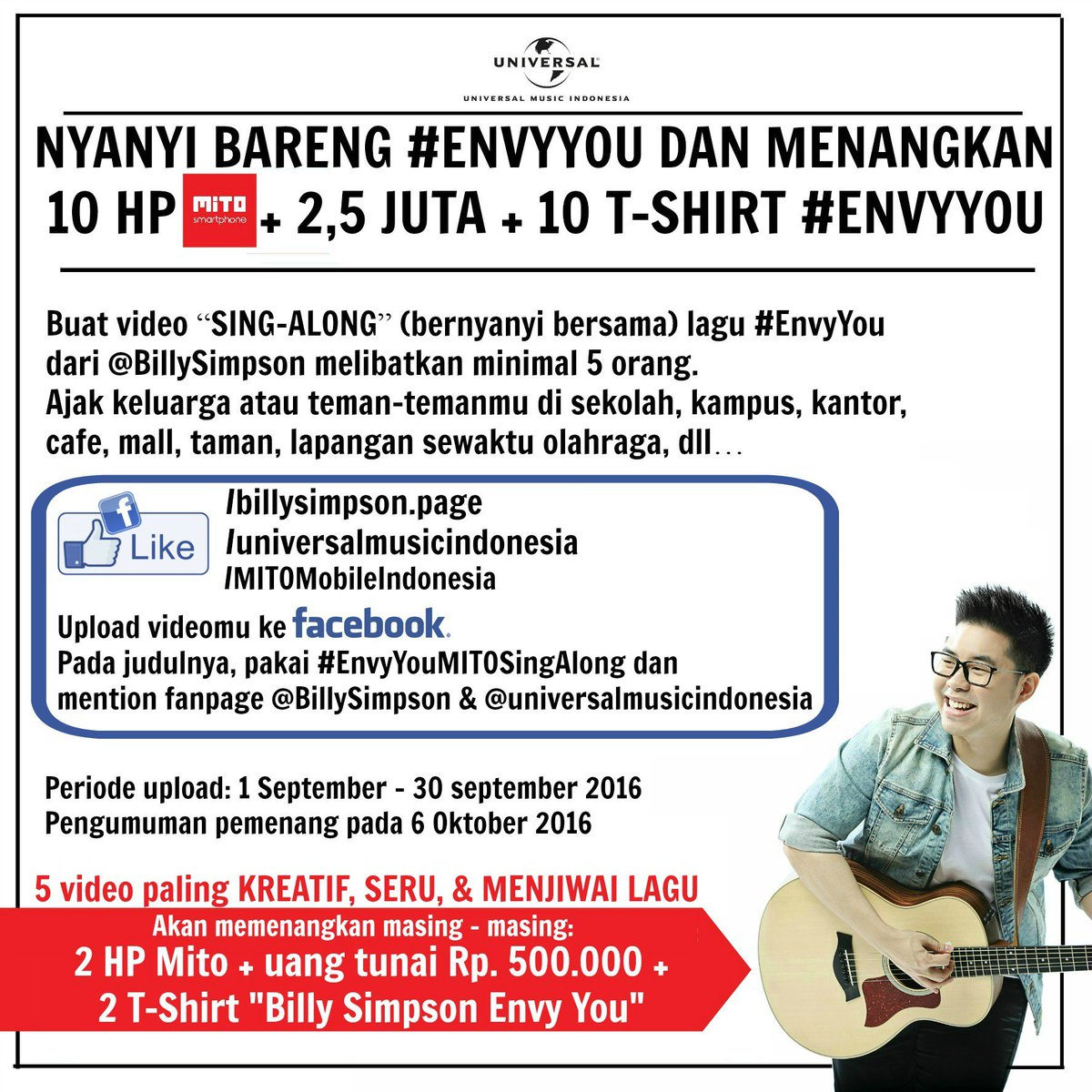 Nyanyi bareng #EnvyYou nya <a href="/BillySimpson/">Billy Simpson</a> berkesemaptan menang 10 hp <a href="/MITO_mobile/">MITO Mobile</a> + 2,5 Juta + 10 T-Shirt #EnvyYou