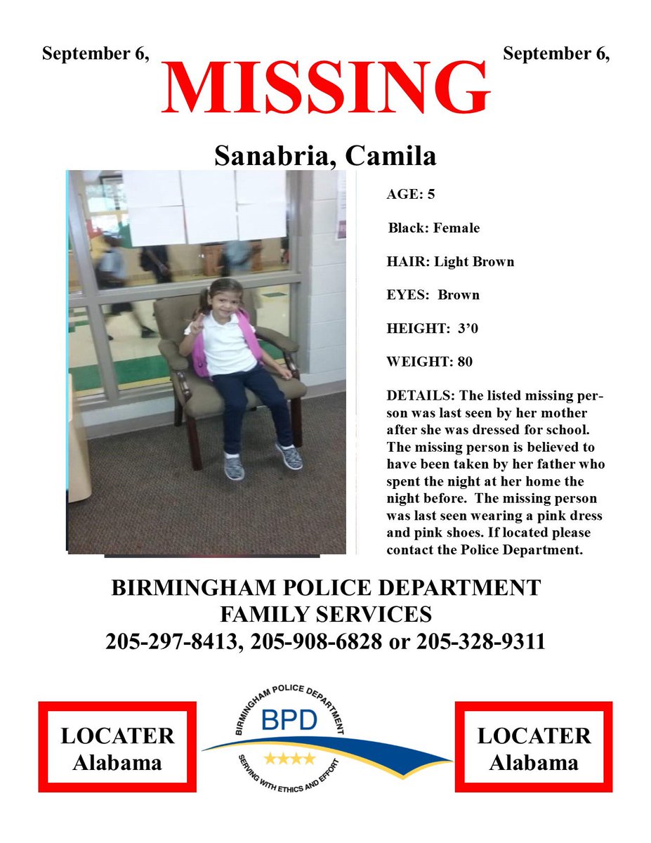 BhamPolice's tweet photo. Amber Alert issued...Camila is believed to have been taken by her father Jose Sanabria. https://t.co/NfOAtyCl4s