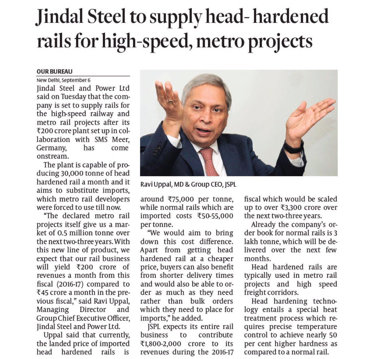 #JSPL will supply #HeadHardened Rails 4 High Speed, metro projects.Capable of delivering 30000 MT of rails per month