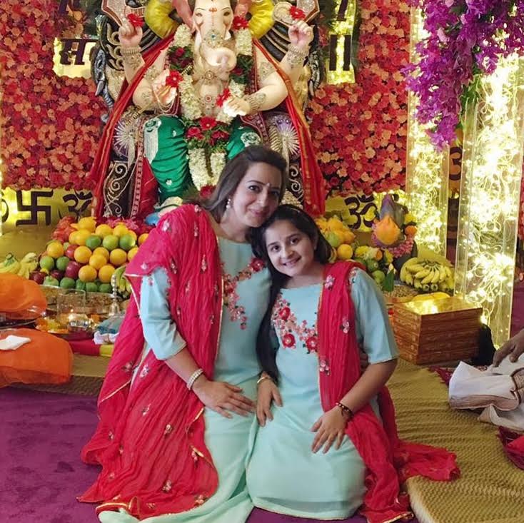 The beautiful mother daughter duo Vanita &amp; Tiana Wadhawan wearing custom made #seemakhan ensembles this Ganpati