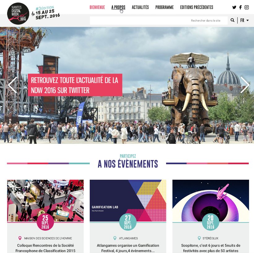 Mise en ligne du nouveau site de <a href="/NantesDigitalW/">Nantes Digital Week</a> 
En collaboration avec <a href="/lunique_equipe/">L'Unique Équipe</a>
nantesdigitalweek.com