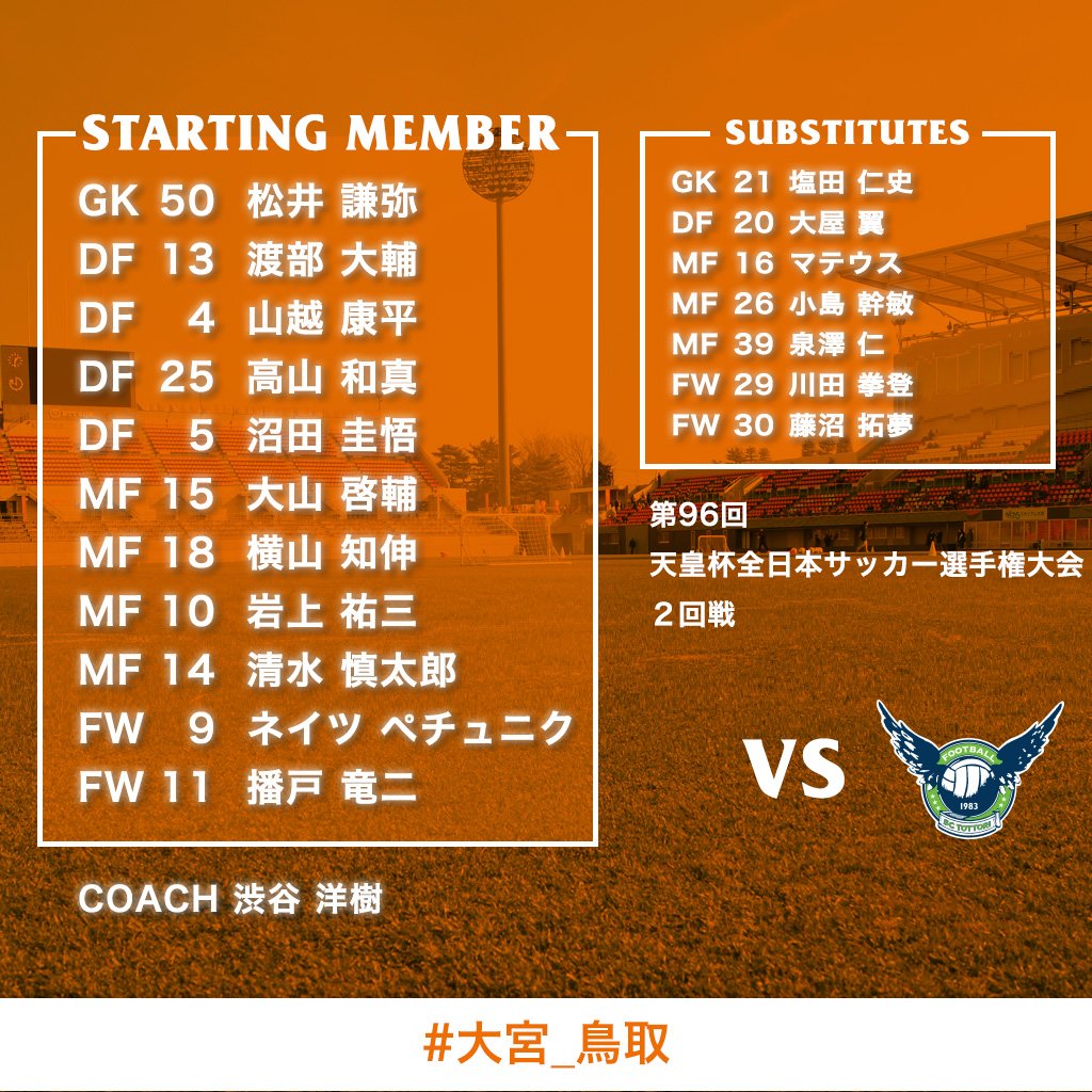 大宮アルディージャ 公式 天皇杯2回戦 ガイナーレ鳥取戦の登録メンバーです 本日も応援よろしくお願いします T Co Ye5phyuc3i Ardija 挑む 大宮 鳥取 天皇杯 大宮アルディージャ 公式 天皇杯2回戦 ガイナーレ鳥取戦の登録メンバーです 本日も応援よろしくお願いします T Co Ye5phyuc3i Ardija 挑む 大宮 鳥取 天皇杯