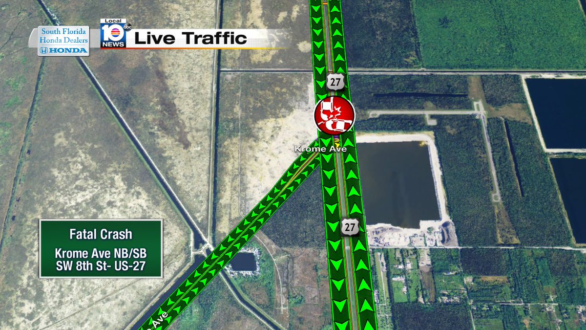 Earlier Fatal Crash still has Krome Ave NB/SB closed at Okeechobee Rd #traffic https://t.co/936bR4RYLD