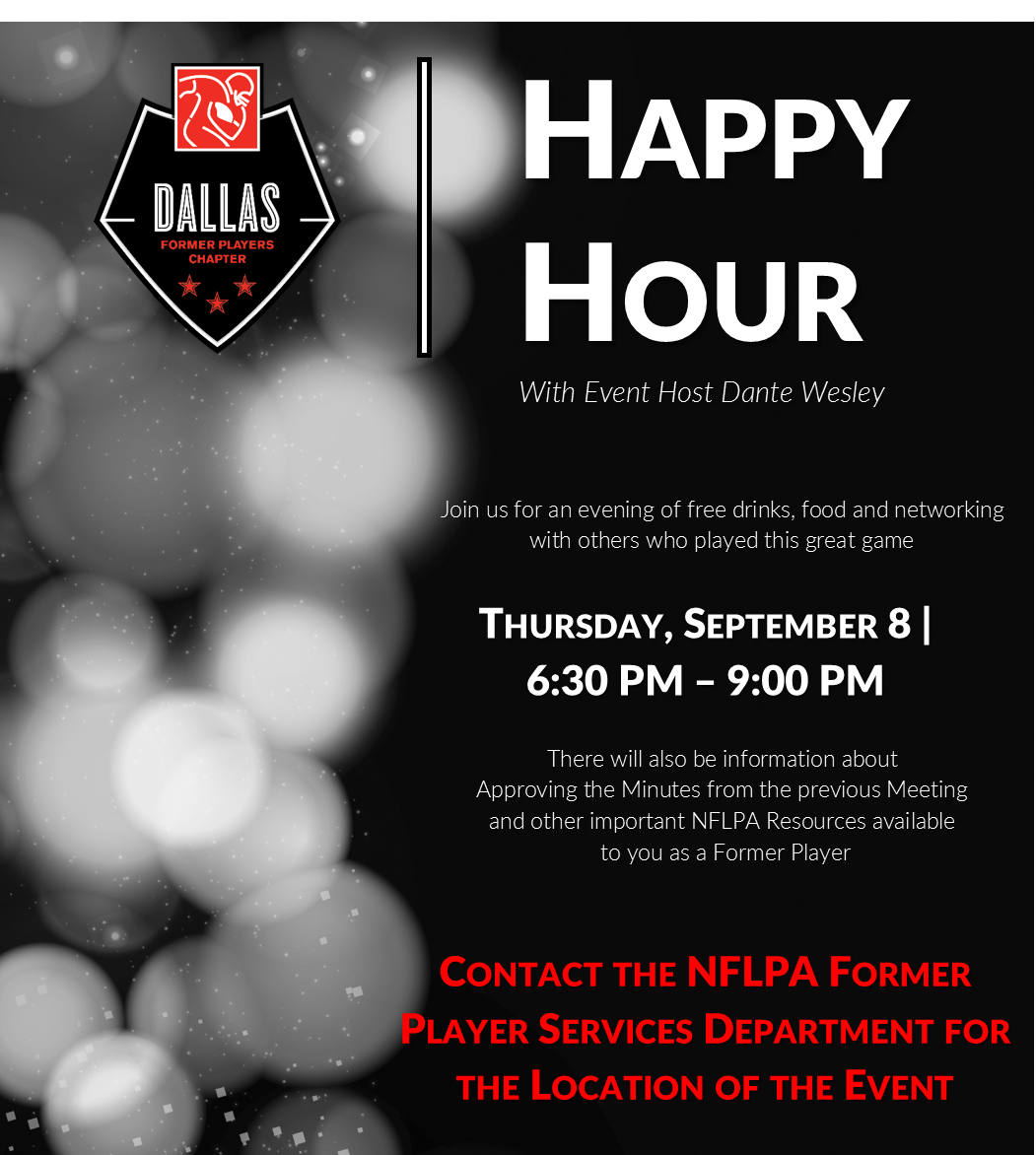 NFLPAFmrPlayers's tweet photo. TOMORROW- Former Players, join the #NFLPA Dallas Chapter for thier next social event Contact the #FPSD for more info https://t.co/uvuX6NPbkO