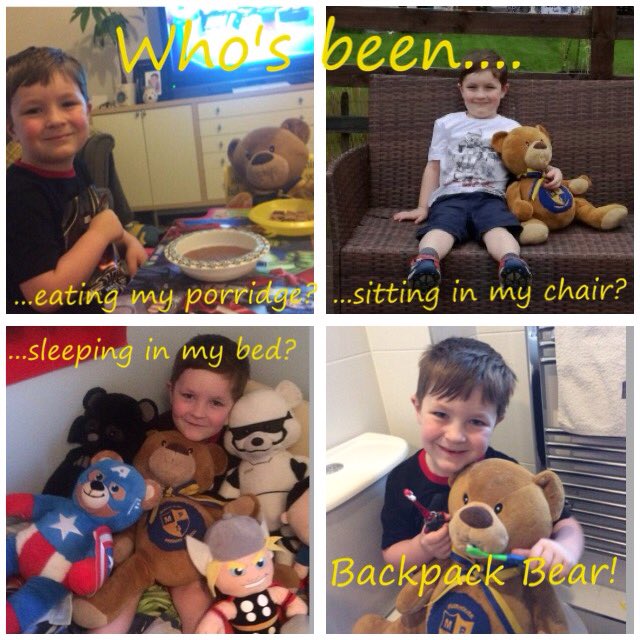 gayleym's tweet photo. @MuirhousePS Harry was sad to say bye to #backpackbear today. We had great fun! https://t.co/uxFmsvUlAZ