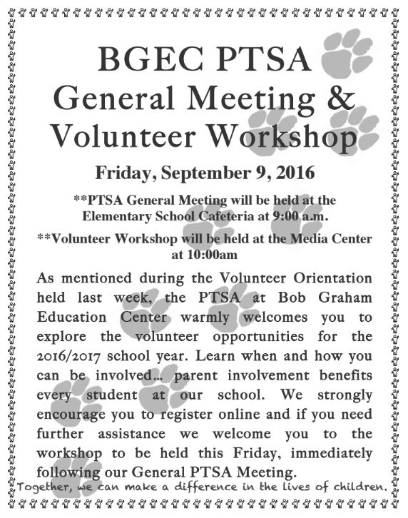 BGEC PTSA General Meeting &amp; Volunteer Workshop this Friday!