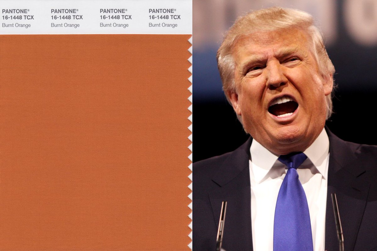 DianaBudds's tweet photo. We'll never know Trump's true colors—but his signature orange glow? There's a @Pantone match https://t.co/pBfmmXMqZw https://t.co/wM2ZmDaQq9