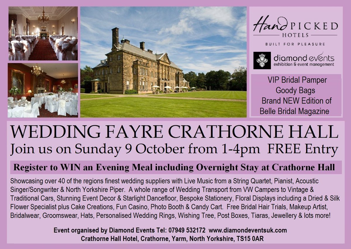 DiamondEventsUK's tweet photo. Brides most popular Wedding Fayre at @CrathorneHall @weddingfair2016 @weddingfairs @bellebridalmag @WedinYorkshire https://t.co/j49JdXmE79