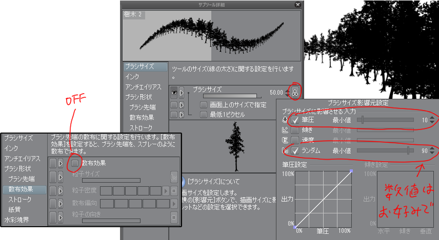聖月 木のシルエット描きたいとき 葉ブラシでゴリゴリ塗るよりこの木ブラシでさーっと塗ると楽です ほかにも設定変えると使いやすくなる素材ありそうですね