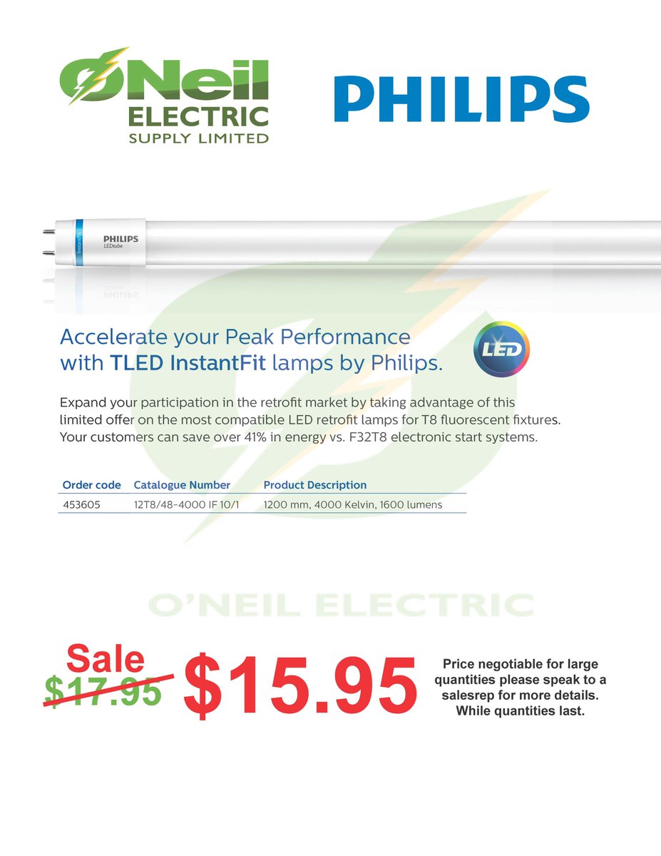 ONEILELECTRIC's tweet photo. Visit our 2 #GTA locations-take advantage of this great #deal! @PhilipsLight #Deal #TLED #InstantFit #Sale #ONeil https://t.co/wDUK3PSfqG