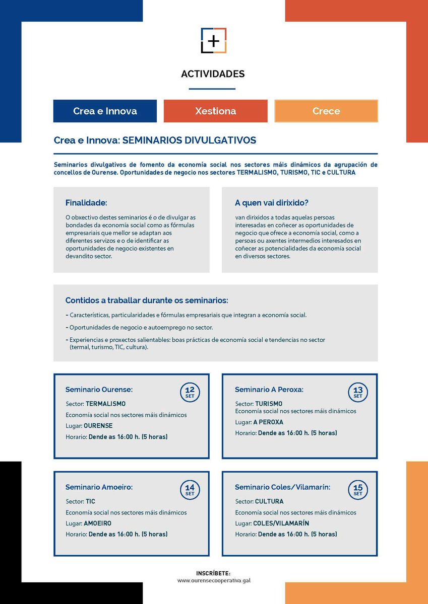 Seminarios sobre oportunidades de negocio #TERMALISMO, #TURISMO, #TIC #CULTURA
INSCRIBETE  ourensecooperativa.gal